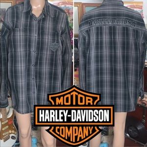 Mens XL Harley Davidson motorcycles embroidered plaid button up shirt top